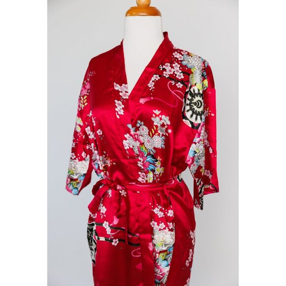 Chinese dressing robe, floral print red short dressing robe, 100% cotton - Picture 6 of 10